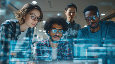 Medium shot capturing diverse team members analyzing data and redesigning streamlined workflows using advanced process reengineering modelsの素材