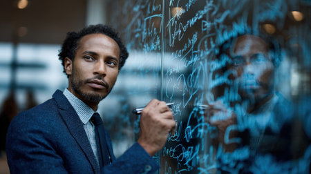 Business analyst interacting with an automated system that processes natural language input to produce accurate personalized market analysis reports.の素材