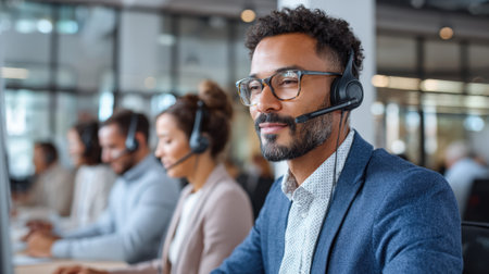 Medium shot of a team leader analyzing recorded customer service calls for training improvement in a bright conference room.の素材