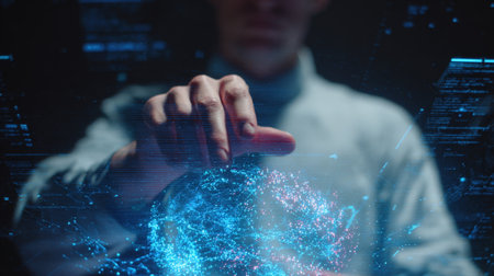 Medium shot capturing a cybersecurity expert demonstrating quantum encryption techniques using holographic interfaces and advanced coding visuals.の素材