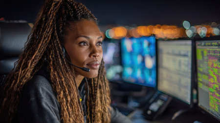 Customer service representative answering calls late at night ensuring 247 nonstop availability with a focused and calm demeanor.の素材