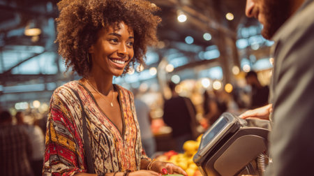 Loyal customer earning points on a digital app at a retail checkout smiling as they accumulate rewards for future discounts and exclusive deals.の素材