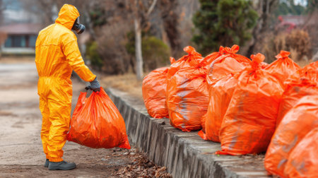 Technician in full hazmat suit handling biohazard bags with biological waste ensuring contamination prevention.の素材