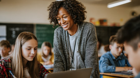 Medium shot of an educator guiding students through an online platform for finding remote teaching positions.の素材