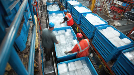 Medium shot of workers sorting plastic containers for efficient water recycling in a clean organized facility emphasizing sustainability.の素材