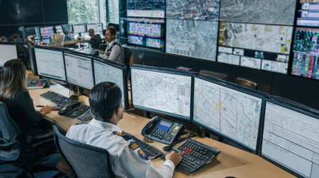 Medium shot of a control room with staff monitoring automated emergency response systems in actionの素材