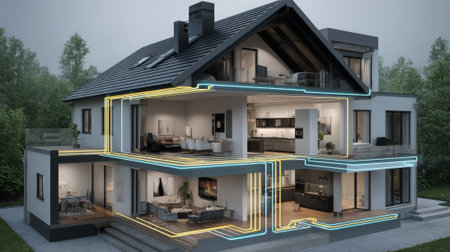 Medium framing of a zonecontrol HVAC system enabling separate temperature settings in different rooms highlighting smart climate management in a residential environment.の素材