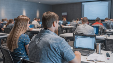 Medium shot of employees attending a cybersecurity training session focused on identifying phishing emails to protect sensitive informationの素材