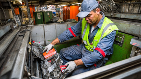 Technician repairing a commercial trash compactor in a busy retail environment ensuring efficient waste management with specialized tools and safety gear.の素材