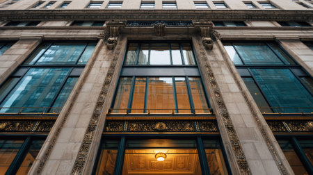 View of a classic office building facade featuring large glass windows framed by traditional stone and decorative elements highlighting timeless architectural elegance.の素材