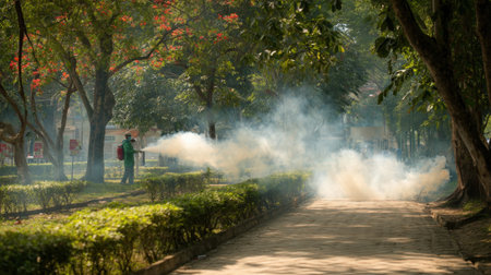 Insecticide fogging in a bustling public park targeting mosquito breeding areas amid trees and walkways for community health safety.の素材