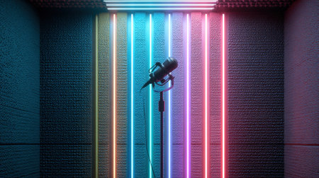 Medium shot of a modern studio booth equipped with colored LED lights branded backdrop and professional shotgun microphone for dynamic online interview recordingsの素材