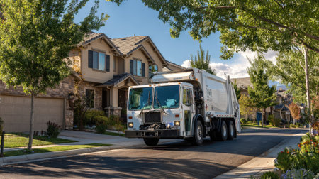 Medium shot of a garbage truck stopping in a residential neighborhood for biweekly curbside collection of household waste.の素材