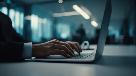 Medium shot of a professional encrypting sensitive data on a laptop emphasizing secure digital communication and privacy protocols in a modern office setting.の素材