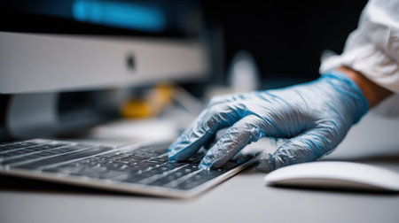 Closeup of a professional using specialized software to clean a Mac computer highlighting secure virus removal and data protection.の素材