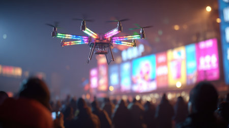 Closeup of a hovering drone displaying vibrant LED ads capturing attention above a crowded public square.の素材