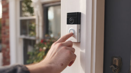 Closeup on hands securing WiFi enabled smart doorbell for video monitoringの素材