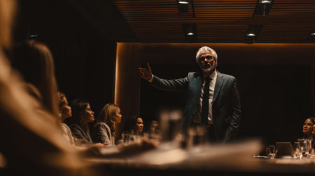 Medium shot of executives engaged in a dynamic leadership seminar exchanging ideas and building skills in a modern conference room environment.の素材