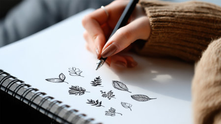 Medium shot of a designer sketching flat style naturethemed icons capturing the creative process of developing vibrant simplified leaf and animal symbols for a custom set.の素材