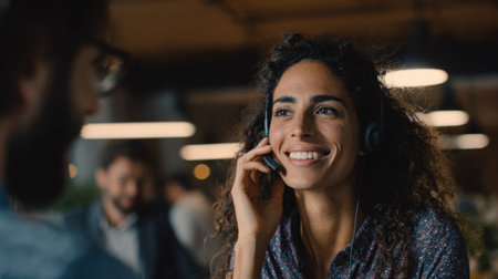 Medium shot of a customer receiving realtime assistance from an AIpowered multilingual agent highlighting seamless communication in diverse languages.の素材
