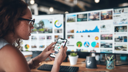 Digital presence audit captured in medium shot as a strategist examines social media insights and website analytics on multiple screens.の素材