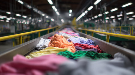 Medium shot capturing conveyor belts moving assorted garments through a color recognition system for efficient separation and cleaning preparation.の素材
