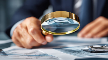 Finance professional using a magnifying glass over financial reports highlighting suspicious transactions during an indepth corporate fraud investigation.の素材