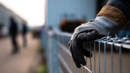 Foot patrol guard inspecting the perimeter fence of an industrial warehouse vigilant and ready to respond to security threats.の素材