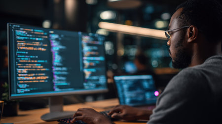 Medium shot of a programmer adjusting advanced sentiment models to capture nuanced emotions from complex text dataの素材
