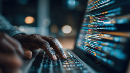 Closeup of a professional interacting with machine learning algorithms on a computer screen to automate candidate screening processes.の素材
