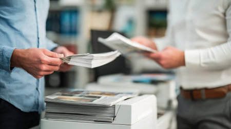 Advertising specialist discussing print ad specifications with a printer holding samples of newspaper magazine and flyer materials in their hands.の素材