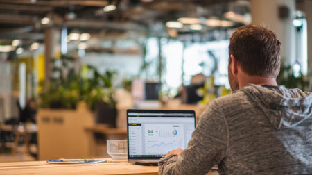 Medium shot of a man taking notes while monitoring brand image data displayed on a laptop at a coworking space.の素材