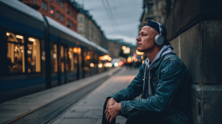 Medium shot of a traveler resting with headphones on a train platform demonstrating reduction of mixed noise from announcements crowds and distant vehicles.の素材