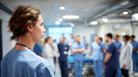 Medium shot of a temporary healthcare worker collaborating with doctors and nurses during a hospital shift changeの素材