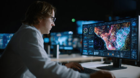 Medium shot of a technician interacting with 3D holographic AI analytics displaying suspicious activity patterns for advanced anomaly detection.の素材