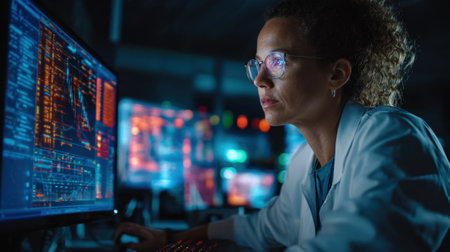 Forensic expert analyzing server logs on a computer screen in a secure lab environment to trace digital evidence.の素材