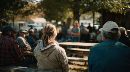 Medium shot showing local community members attending an outdoor environmental awareness event listening to a speaker about recycling benefits.の素材