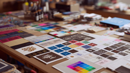 Medium shot of a workspace featuring typography samples and font swatches arranged for customizing brand messaging and style consistency.の素材