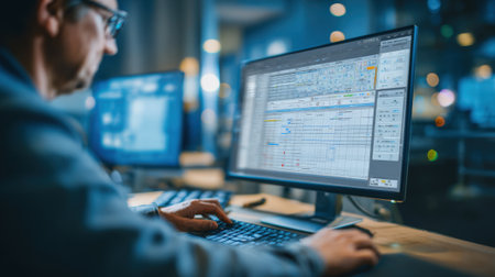 Dynamic medium shot of a technician interacting with AIbased maintenance software on a desktop demonstrating seamless integration of automated alerts for hardware management.の素材