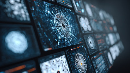 Medium shot of dynamic AI algorithm visualizations showcasing pattern recognition processes for enhanced cyber defense strategiesの素材