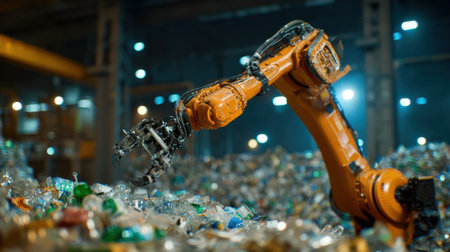 Medium shot of a robotic arm guided by AI algorithms effectively categorizing and separating hazardous waste for safe disposalの素材