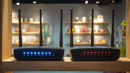 Indoor wireless router installation capturing detailed view of signal indicator lights and placement on a wooden shelf enhancing connectivity for multiple usersの素材