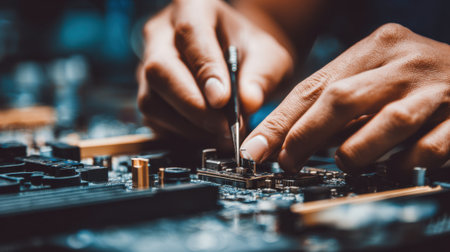 Technician carefully dismantling a vintage desktop computer on a workbench preparing components for cleaning and repair under bright workshop lighting.の素材