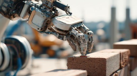 Medium shot of a robotic arm precisely placing bricks on a wall showcasing advanced automation enhancing construction accuracy and efficiency.の素材
