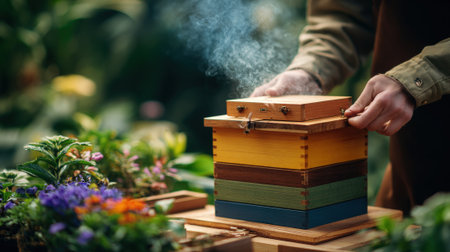 Closeup of hands securing a beehive lid with smoke gently rising set against a vibrant garden backdrop full of colorful plants.の素材