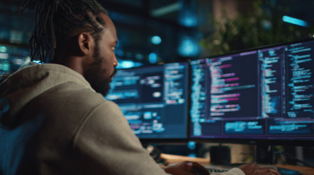 Medium shot of a developer coding an innovative NFT storage system focusing on secure data architecture for nonfungible token management.の素材