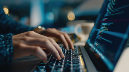 Closeup medium shot of a data scientist adjusting algorithm parameters focused on interestbased targeting while coding on a laptop in a tech workspace.の素材