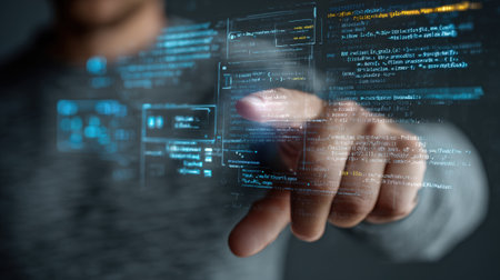 A software developer interacting with a multilingual interface showcasing seamless integration of language options on a digital platform.の素材