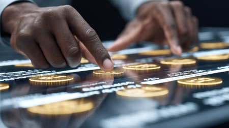 Medium shot of hands interacting with digital financial data on a touchscreen illustrating blockchain record keeping for secure transactions and transparent finance management.の素材