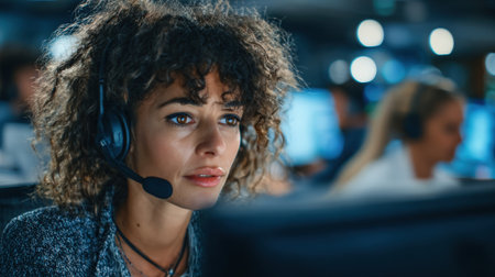 Medium shot showing a customer service representative using a headset and computer managing debtrelated phone inquiries in a call center.の素材